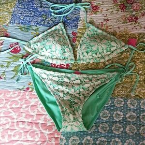 String Bikini Mint Green with Cream Lace